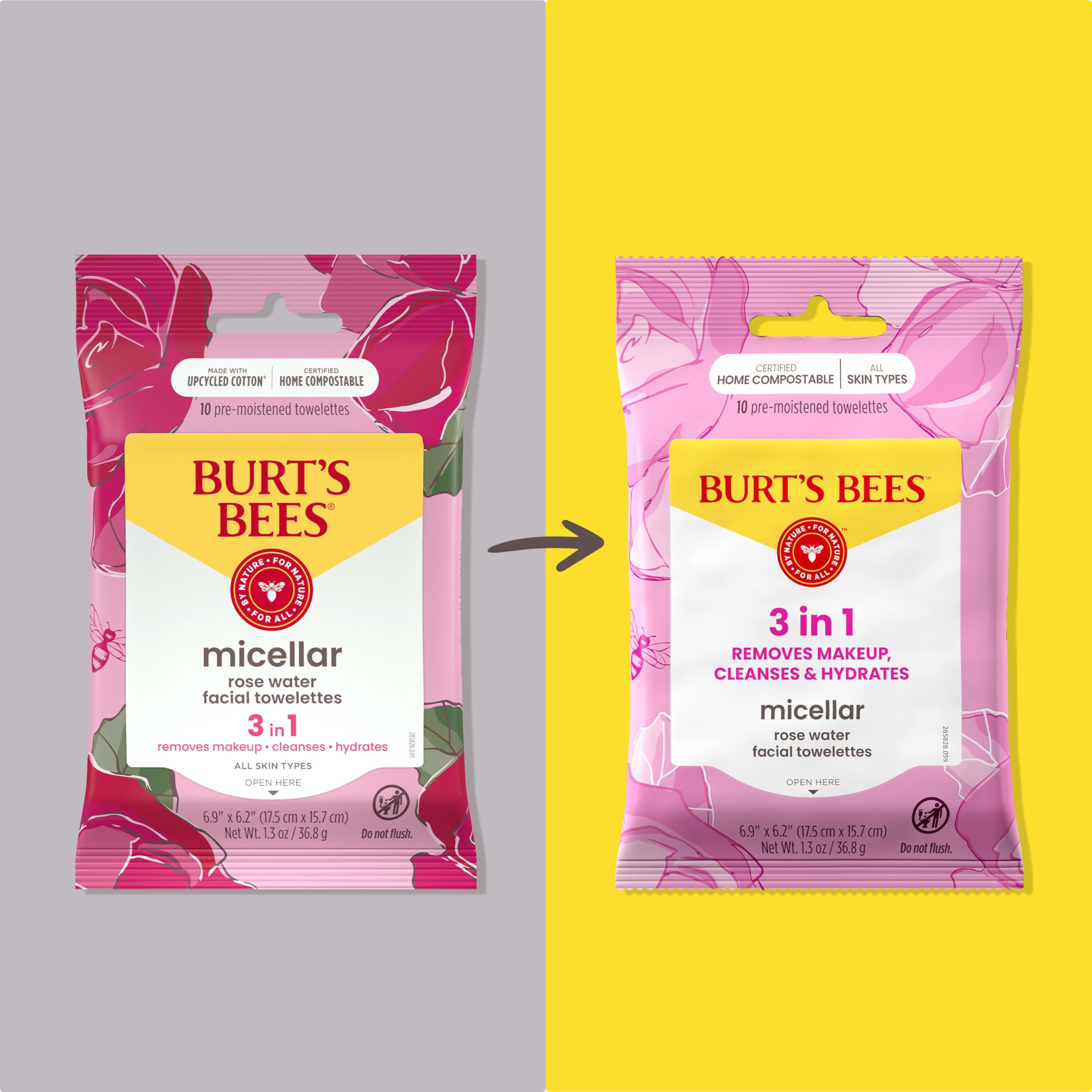 Close-up of Burt's Bees micellar towelettes showing rose water scent and cleansing action