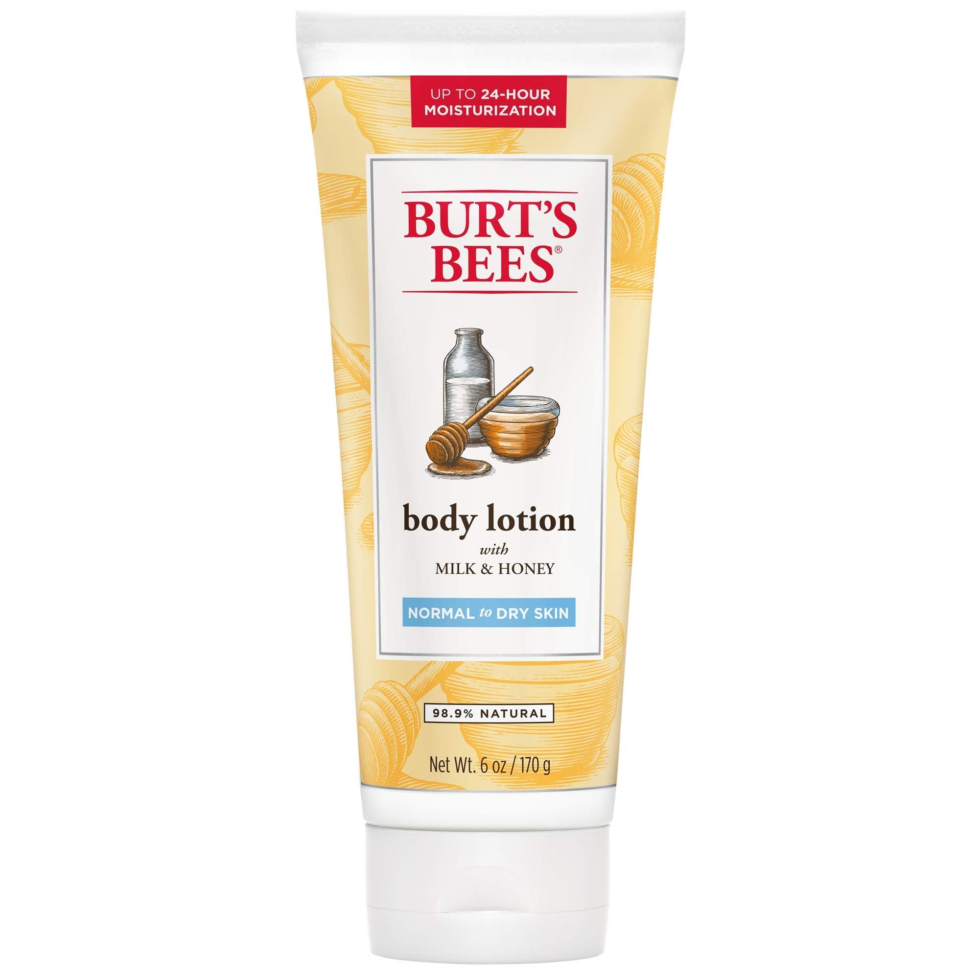 Burt's Bees Milk & Honey Body Lotion bottle with quick-absorbing hydration for normal to dry skin