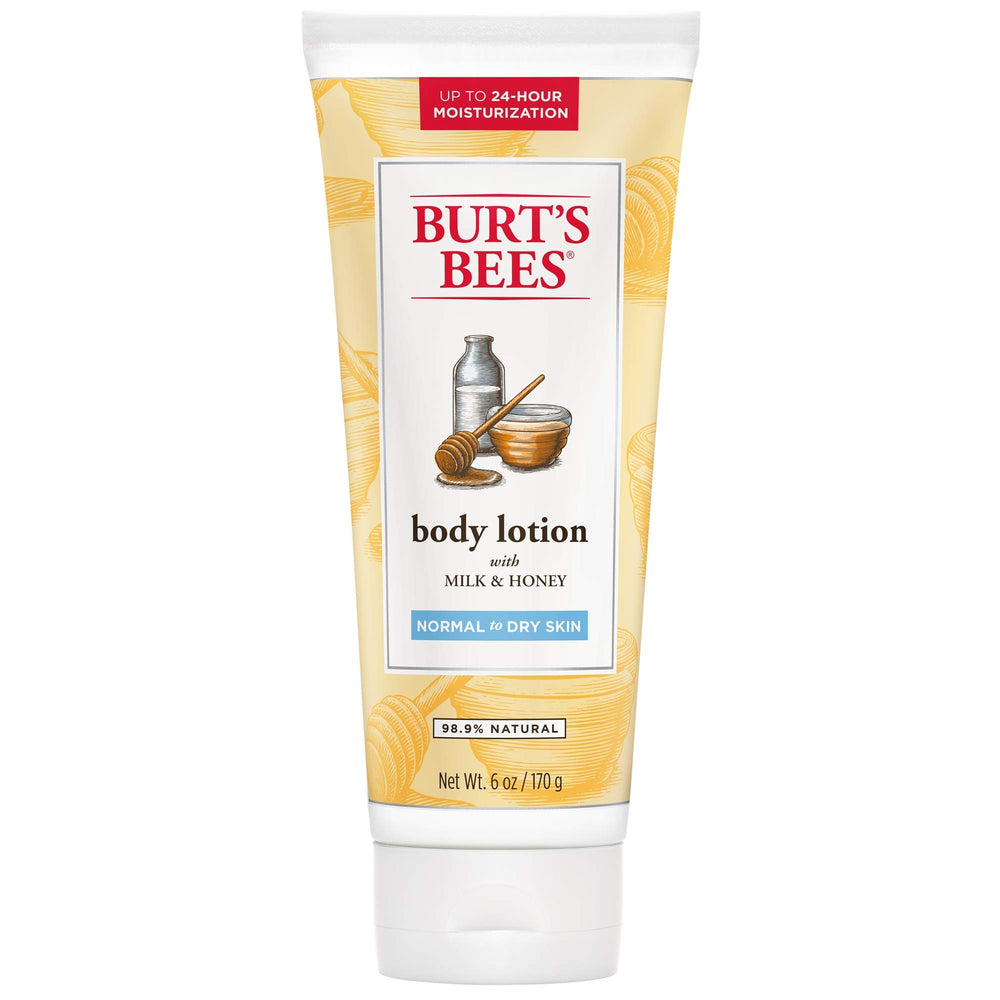 Burt's Bees Milk & Honey Body Lotion bottle with quick-absorbing hydration for normal to dry skin