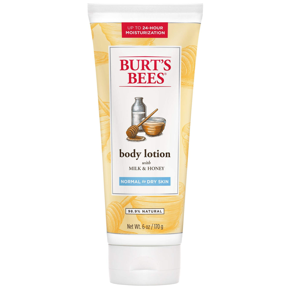Burt's Bees Milk & Honey Body Lotion bottle with quick-absorbing hydration for normal to dry skin