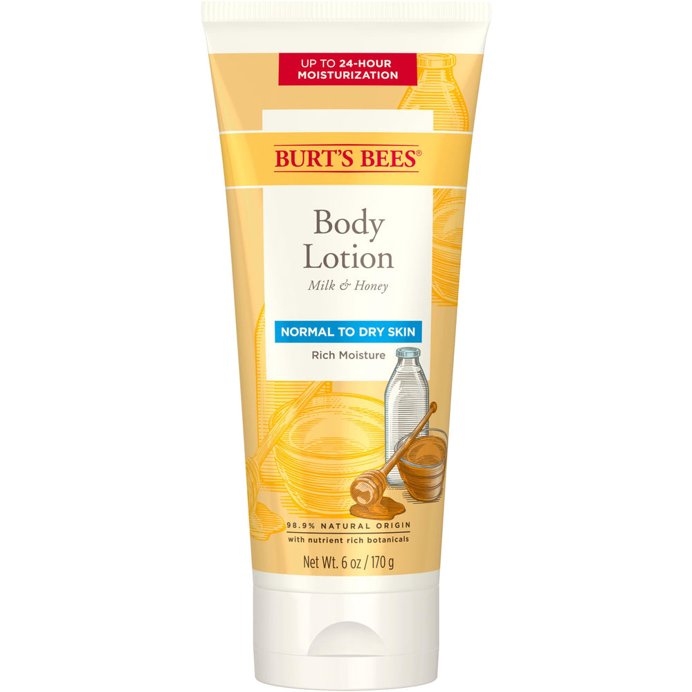 Burt's Bees Milk and Honey body lotion bottle provides lightweight hydration for dry skin.