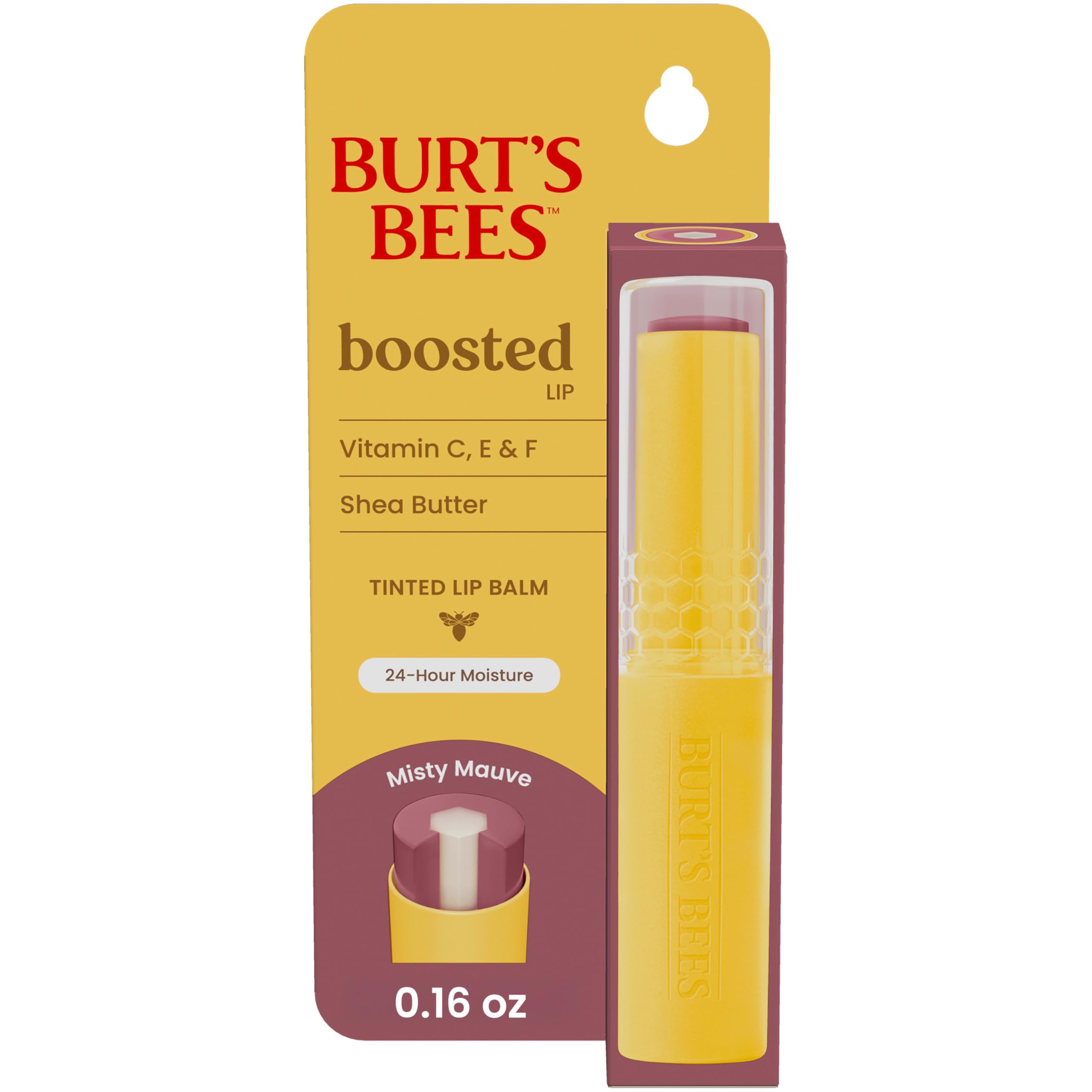 Burt's Bees Misty Mauve close-up texture shows smooth semi-gloss finish.