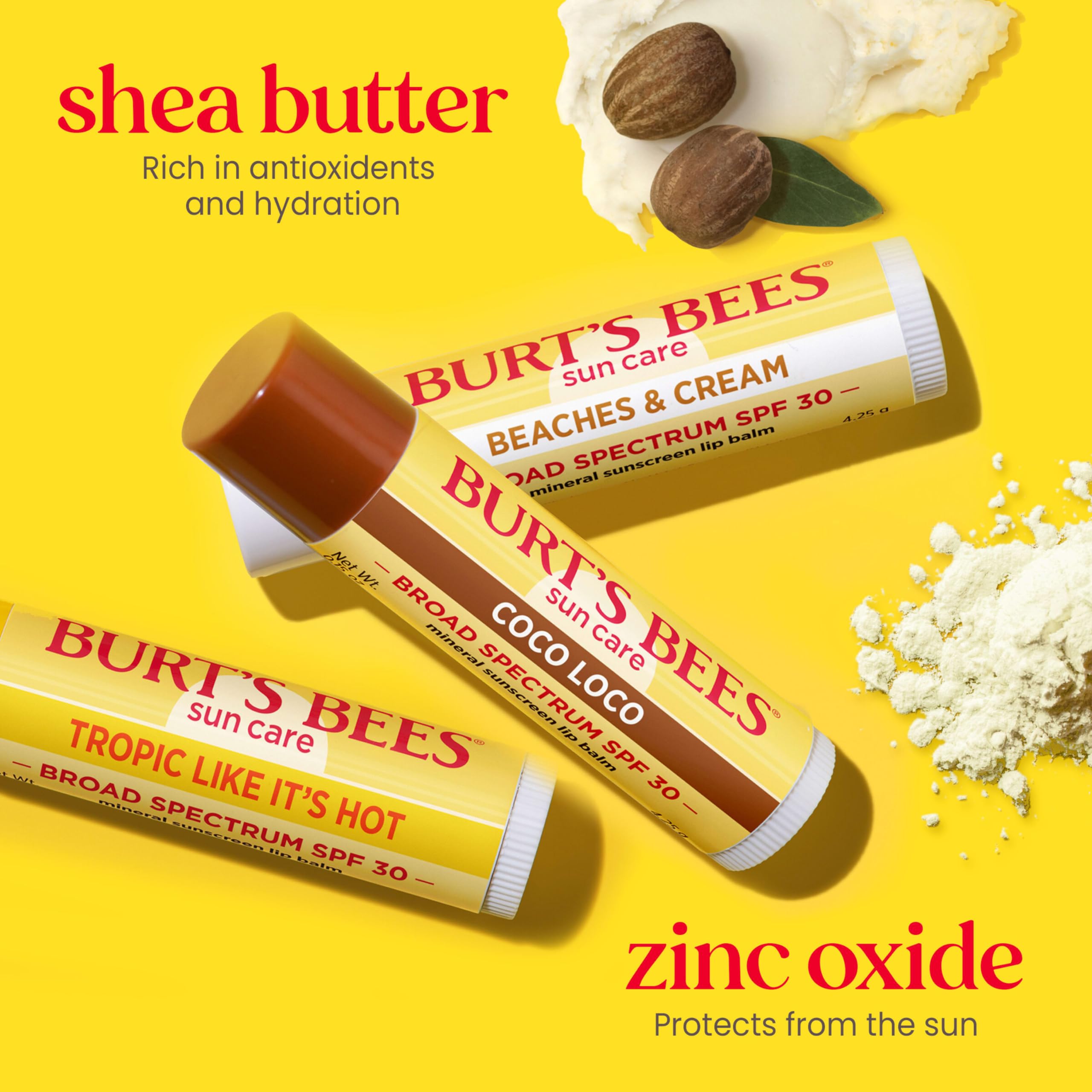 Burt's Bees nano-free SPF 30 lip balm close-up highlighting mineral protection without whitening.