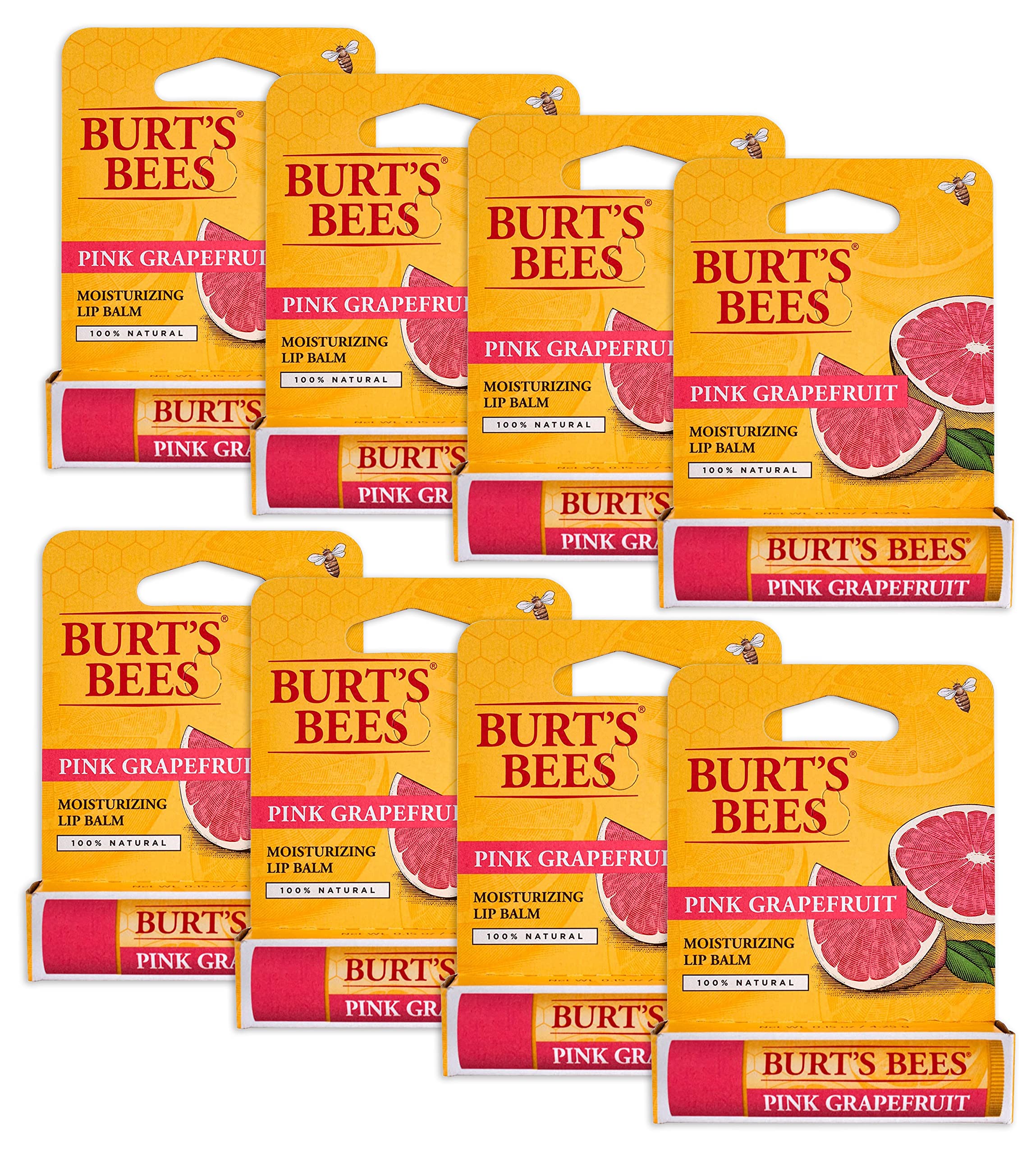 Burt's Bees Pink Grapefruit lip balm front tube view on lips