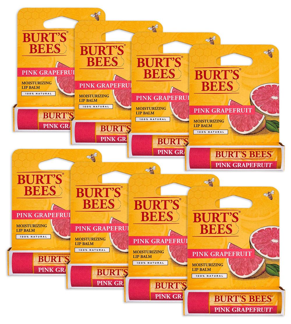 Burt's Bees Pink Grapefruit lip balm front tube view on lips