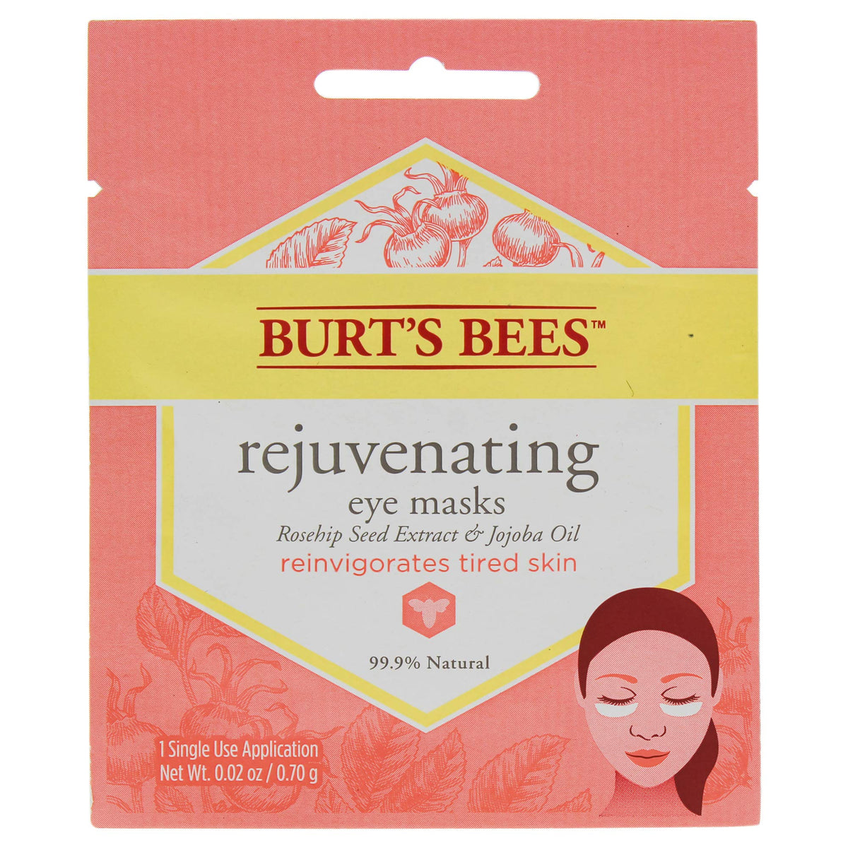 Burt's Bees Rejuvenating Eye Mask box close-up, single-use treatment for dark circles