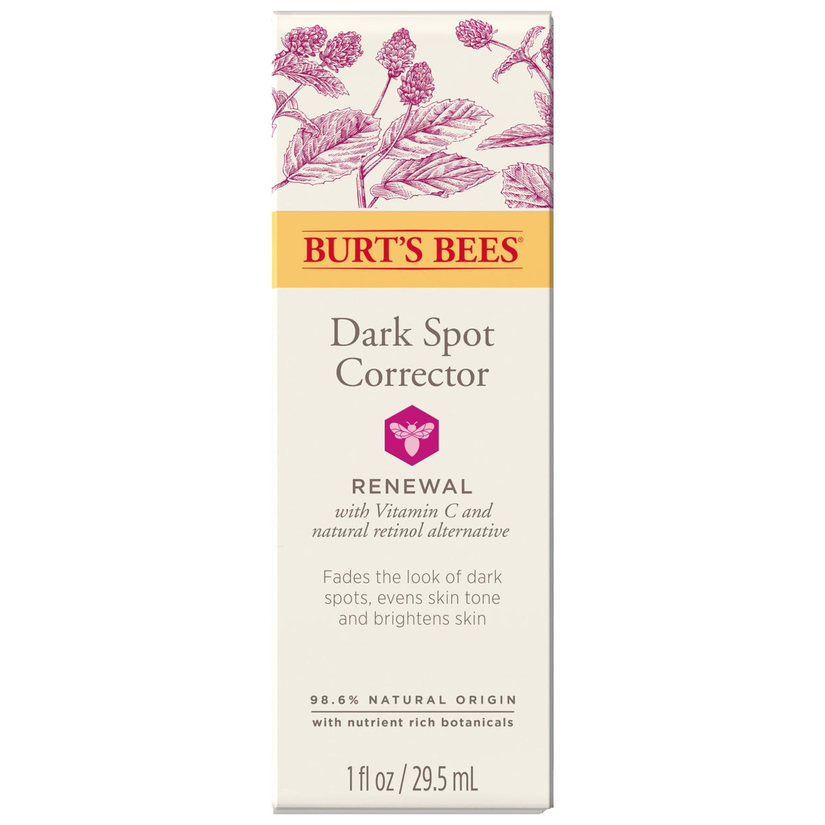 Burt's Bees Renewal Dark Spot Corrector bottle highlights natural retinol alternative for brighter skin