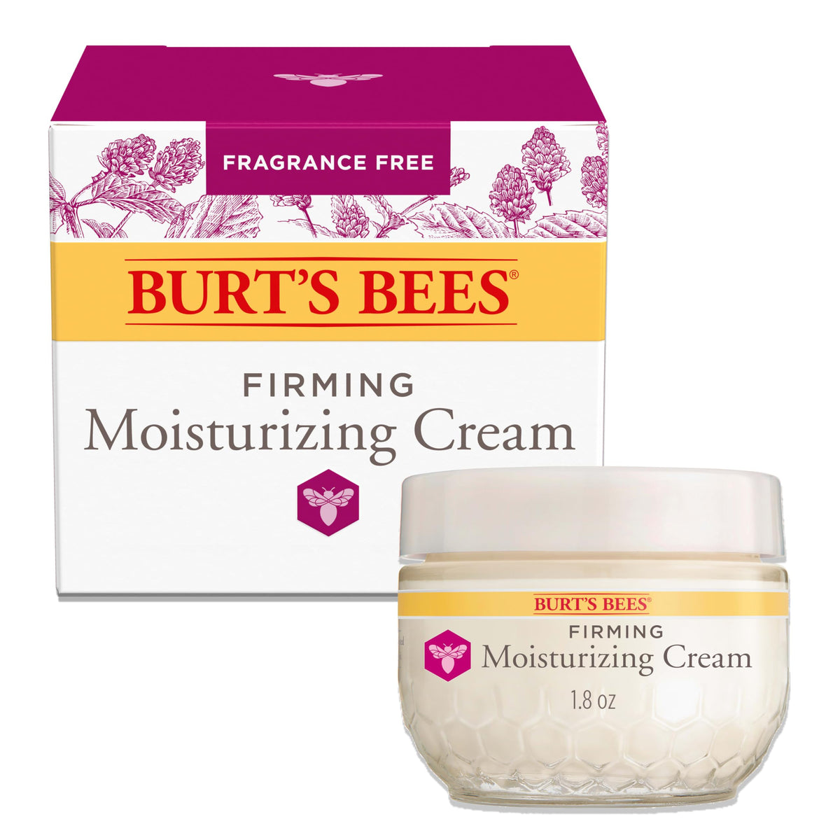 Burt's Bees Renewal Firming Face Cream jar close-up with bakuchiol benefit.