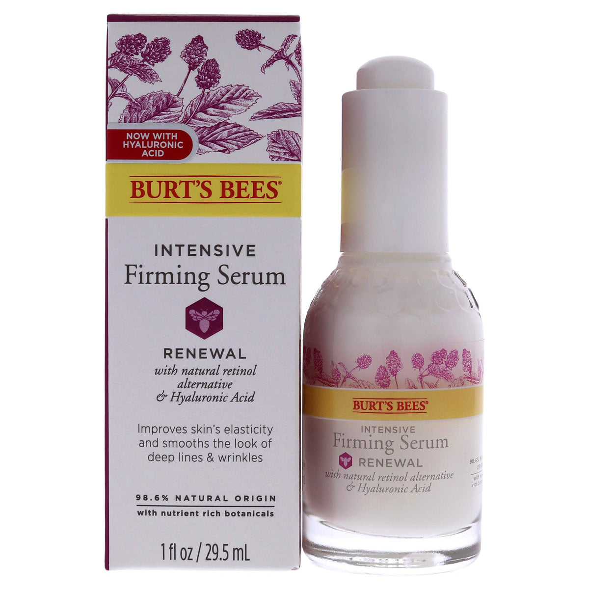 Burt's Bees Renewal Serum bottle close-up showing bakuchiol-based firming formula
