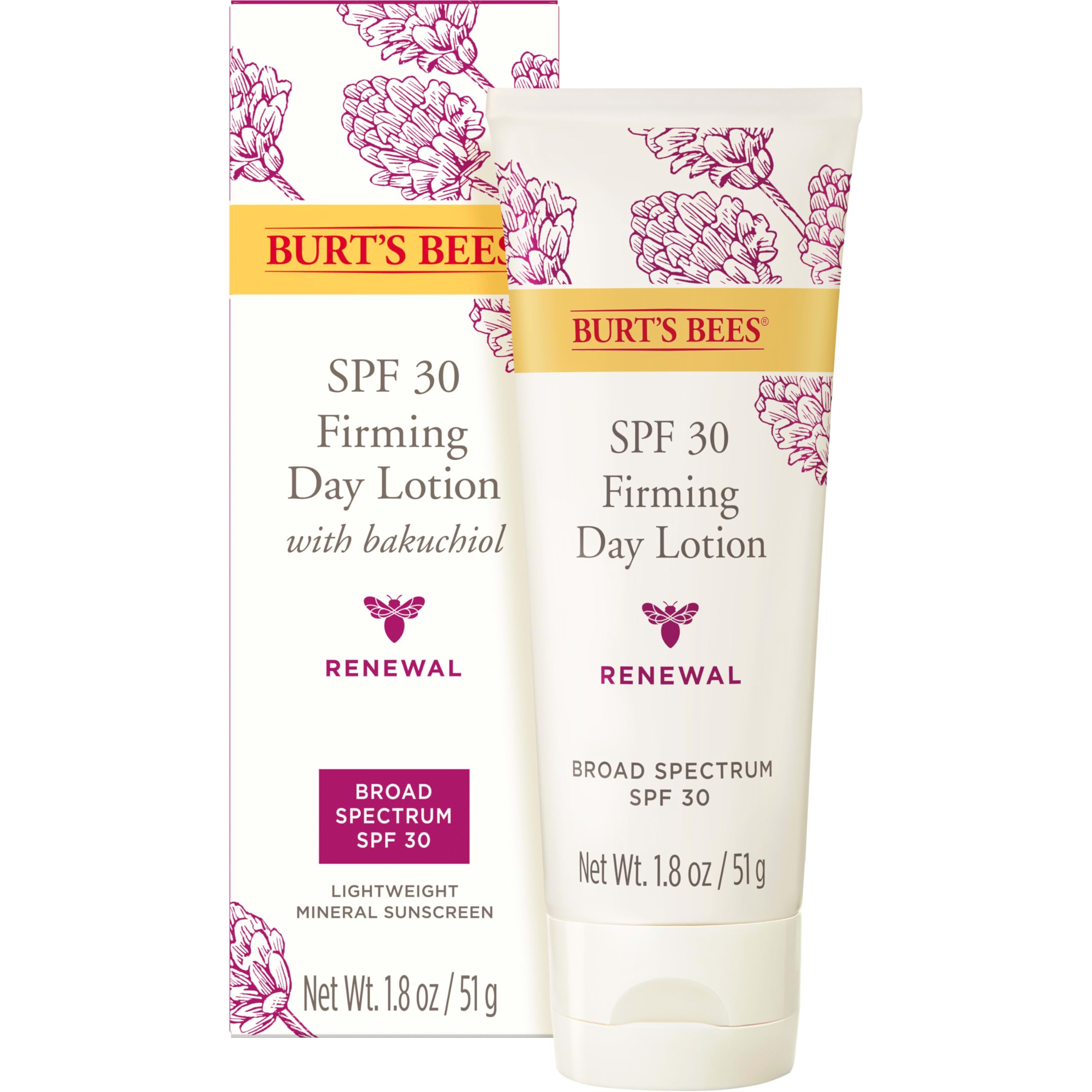 Burt's Bees Renewal SPF 30 bakuchiol tube front for daily sun protection in a compact formula