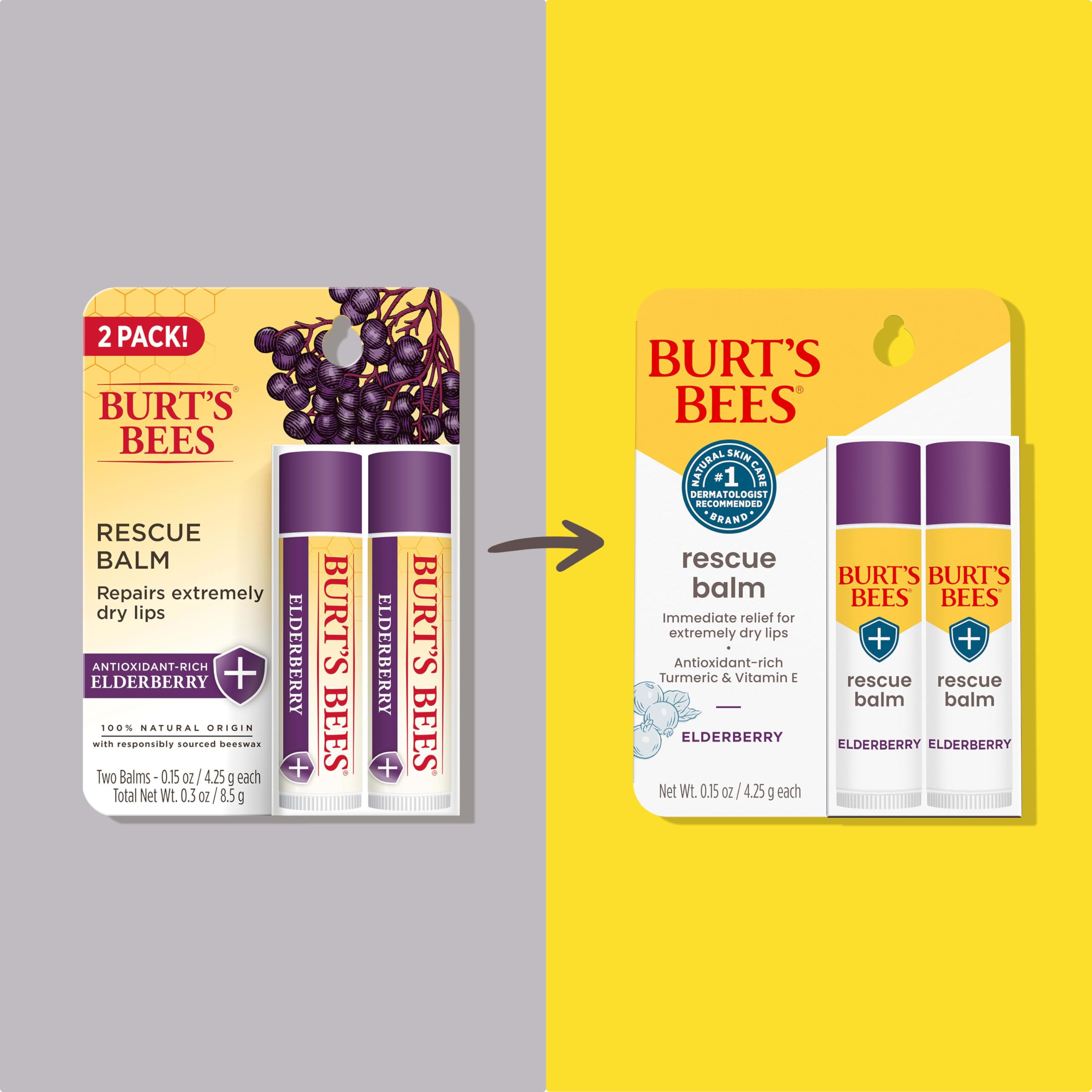 Burt's Bees Rescue Balm Elderberry tube close-up showing berry-infused lip hydration