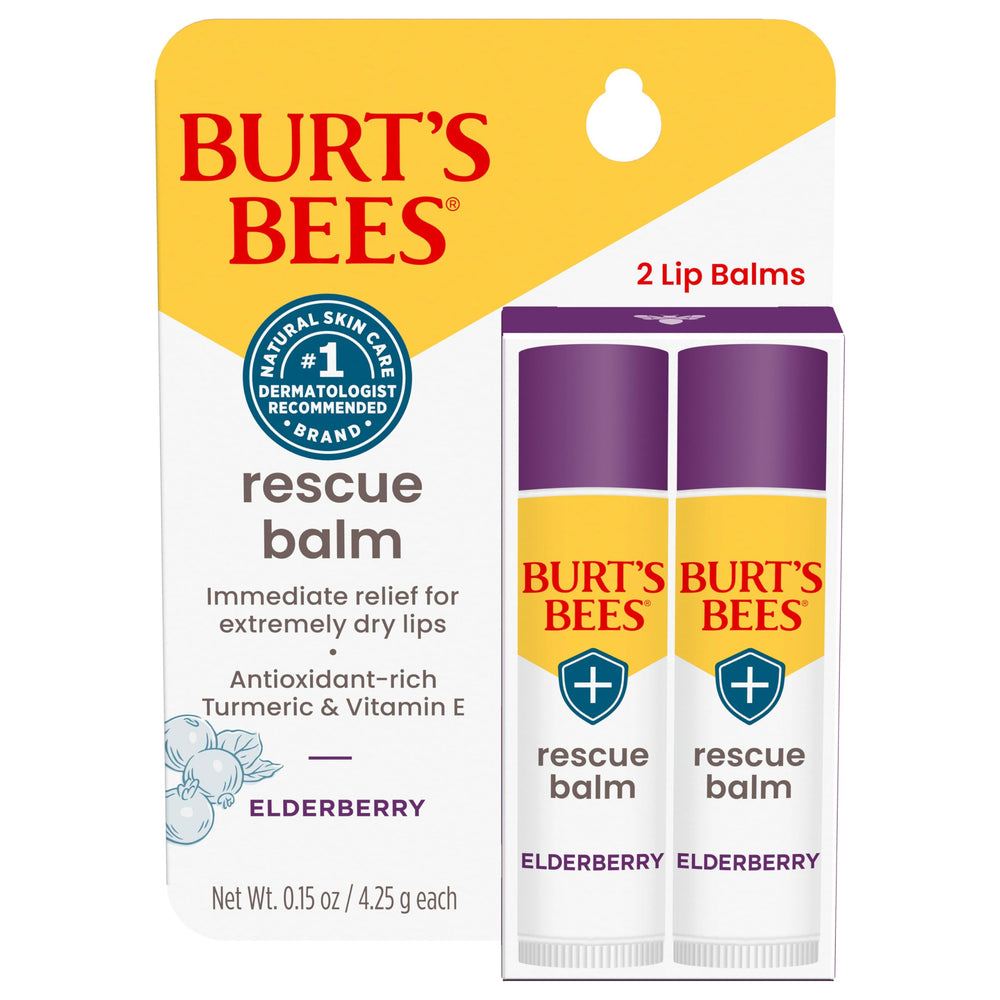 Burt's Bees Rescue Balm Elderberry tube close-up, hydrating lip care in a natural formula