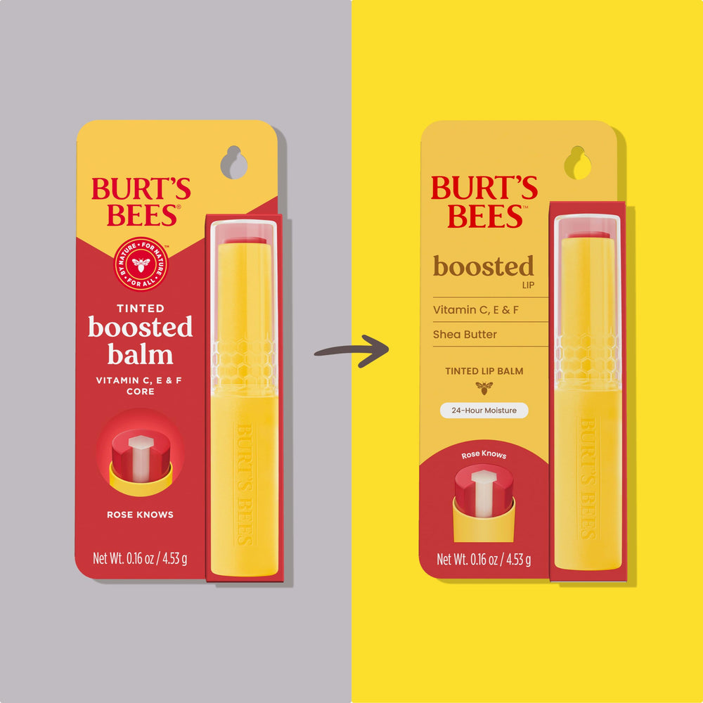 Burt's Bees Rose Knows lip balm swatch showing buildable rosy color on lips.