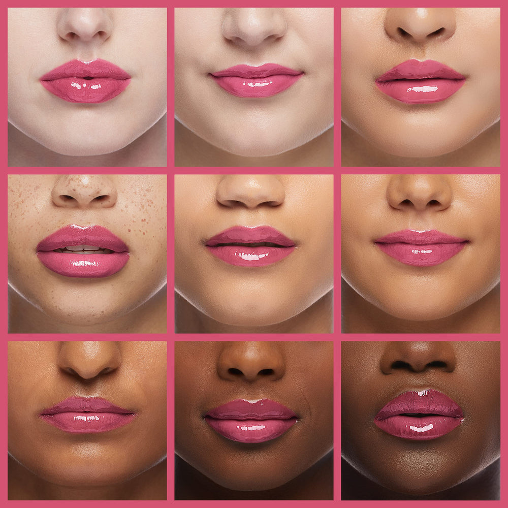 Burt's Bees lip gloss closeup shows shimmer and smooth application.
