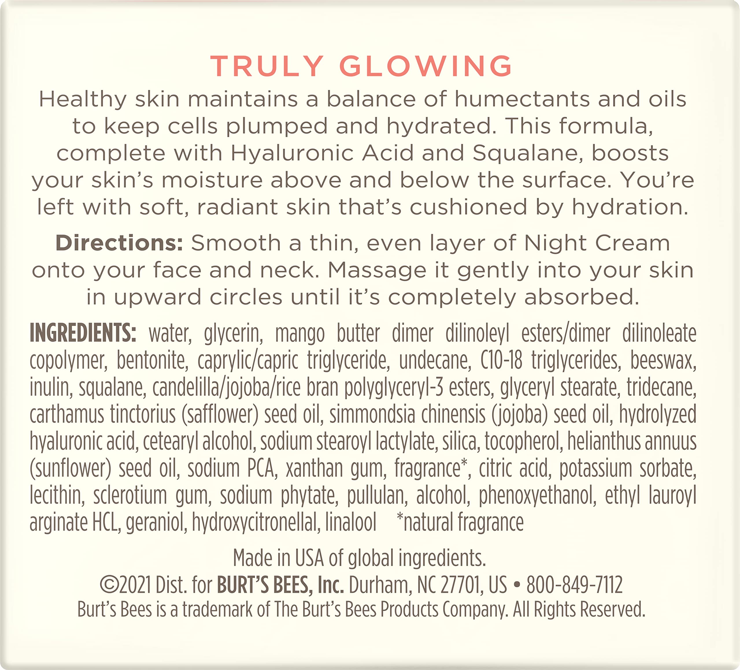 Burt's Bees Truly Glowing Night Cream close-up shows luxurious texture for deep hydration.