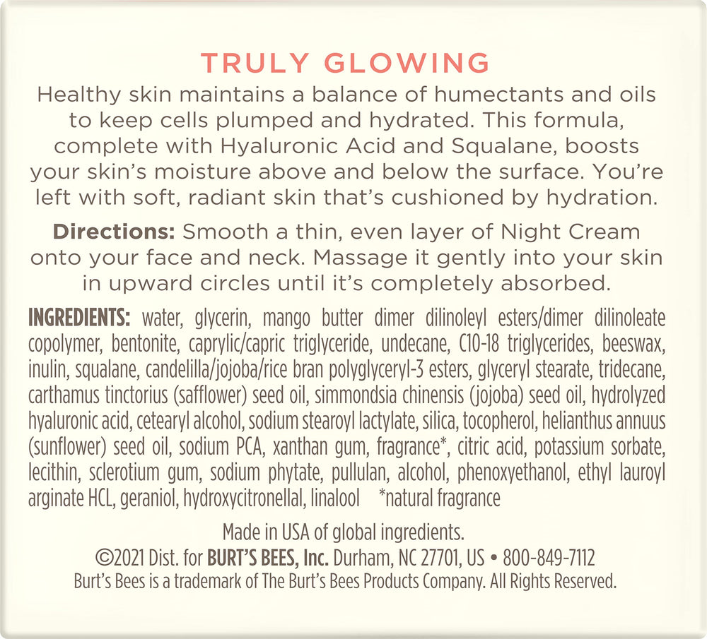 Burt's Bees Truly Glowing Night Cream close-up shows luxurious texture for deep hydration.