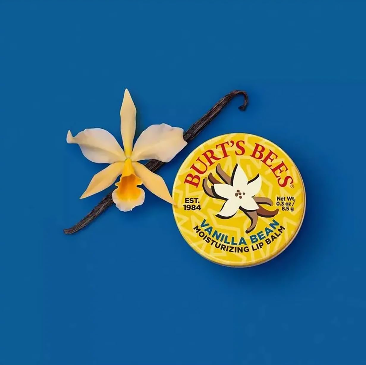 Burt's Bees Vanilla Bean lip balm close-up shows rich texture and conditioning benefits.