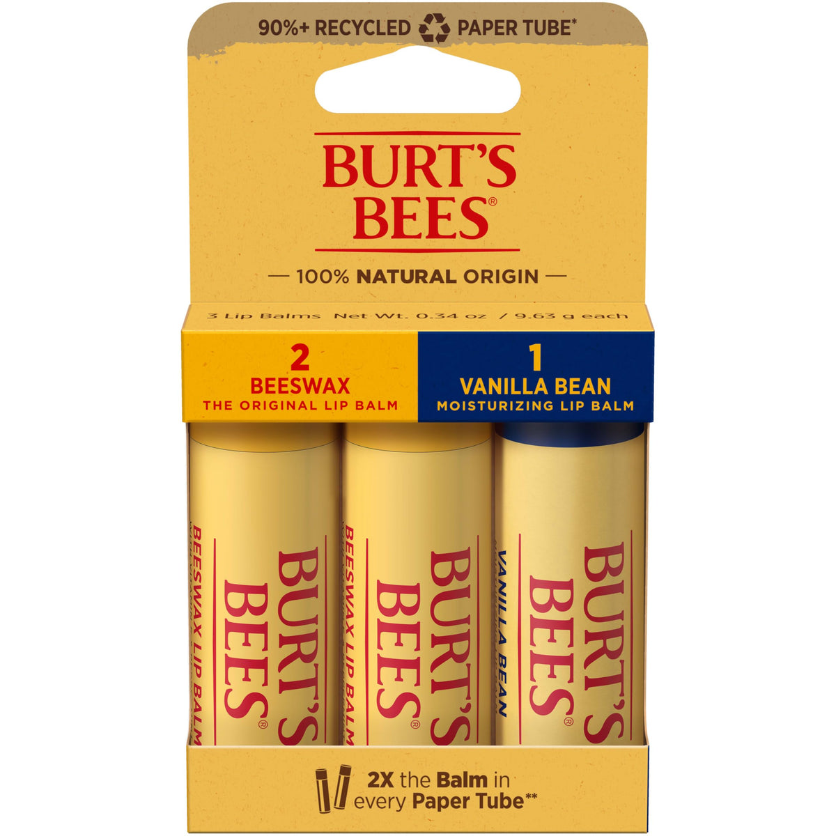 Burts Bees Vanilla Bean lip balm tube for on-the-go moisture and subtle sweetness.