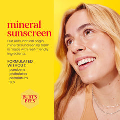 Burt's Bees lip balm in water-resistant action image emphasizing up to 80 minutes wear.
