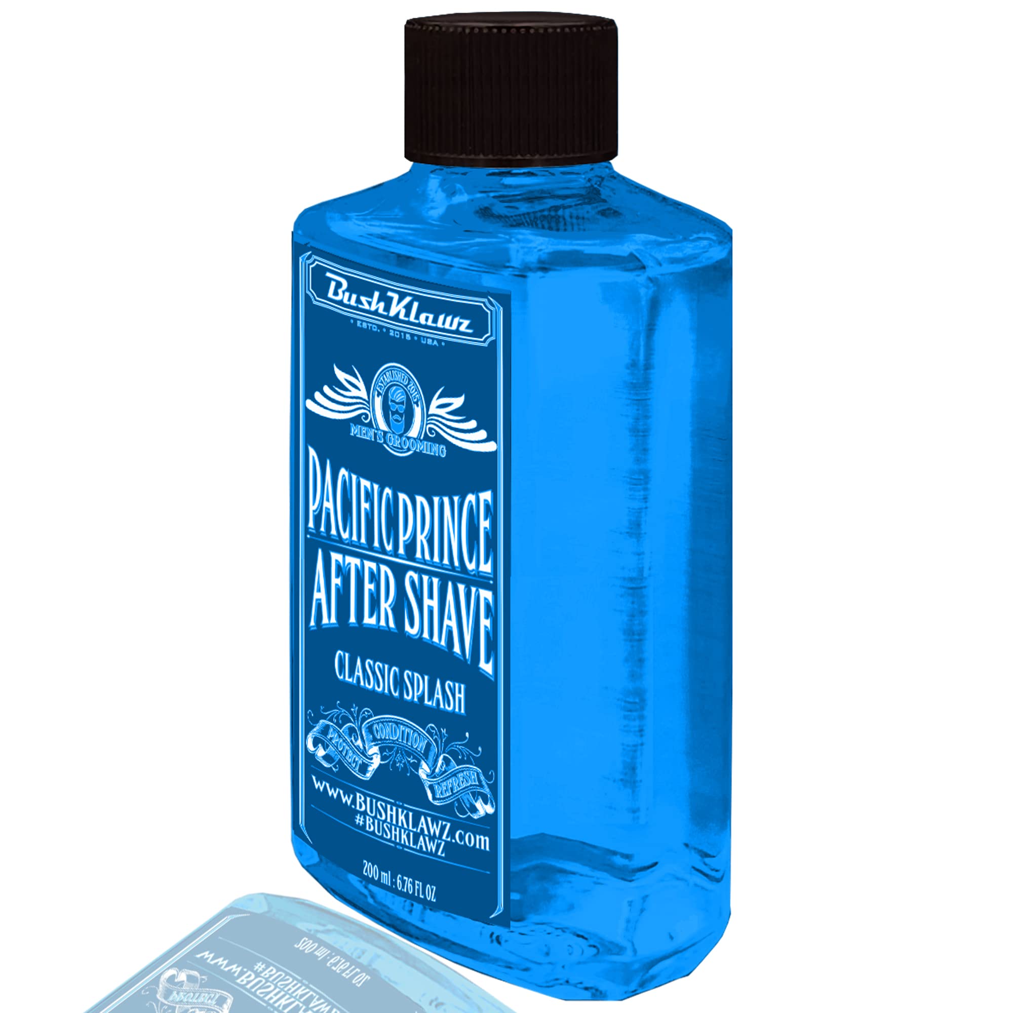 BushKlawz Active Prince bottle close-up highlighting energizing aftershave experience.