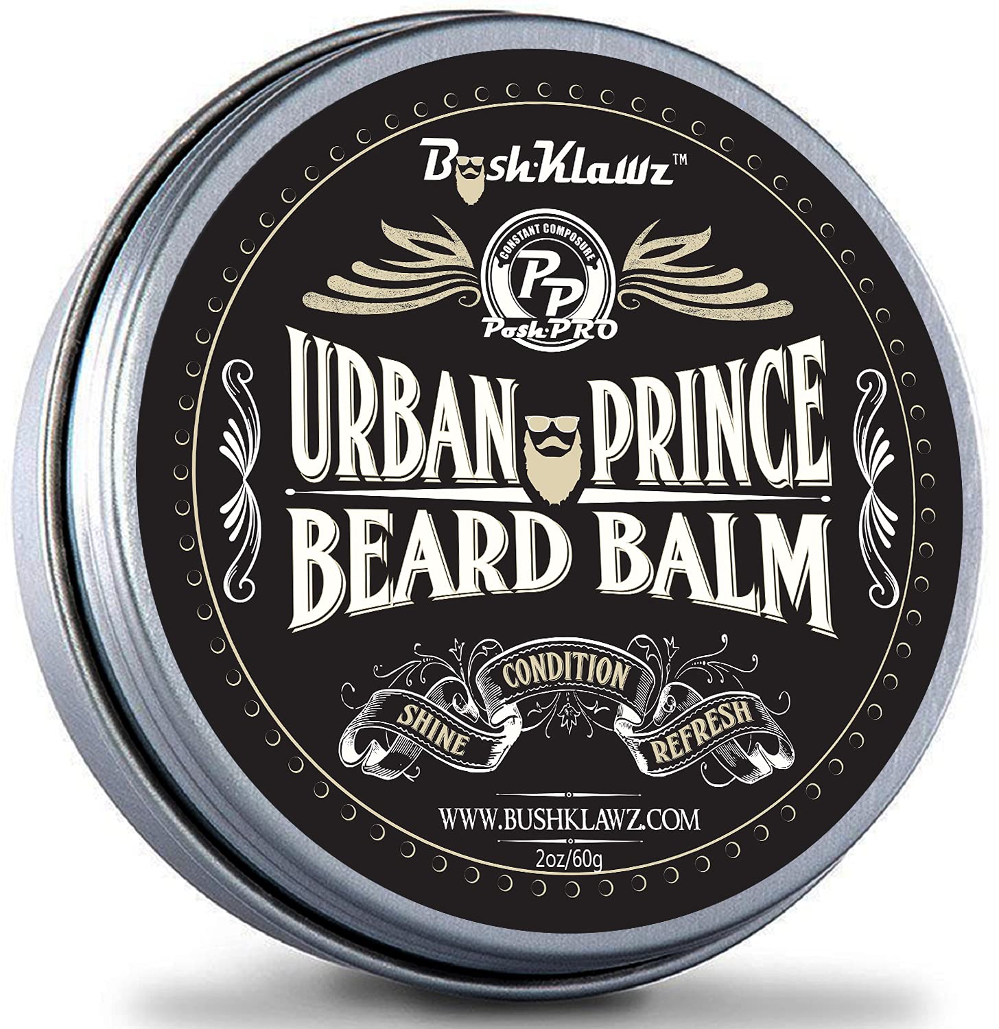 Close-up of BushKlawz Urban balm jar highlighting premium ingredients.