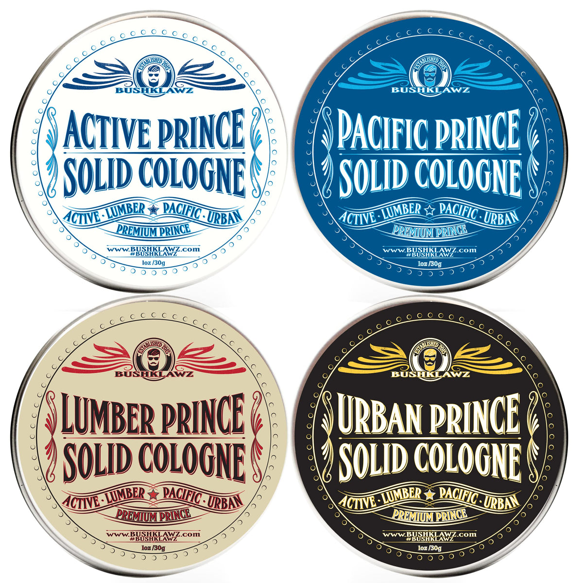 BushKlawz Premium Prince Lumber Prince tin showcases rugged, woodsy scent for on-the-go wear.