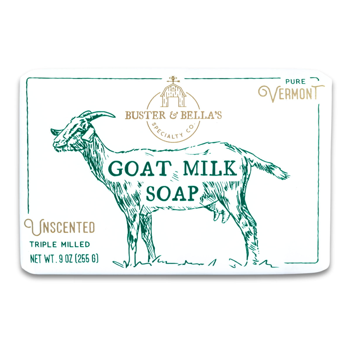 Buster & Bella's Unscented Goat Milk Soap bar close-up, creamy lather for sensitive skin.