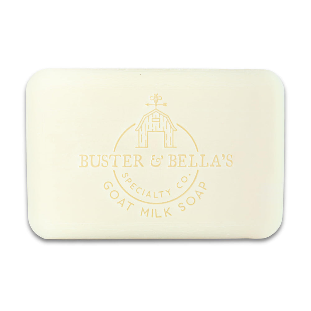 Buster & Bella's Unscented Goat Milk Soap on vanity, cruelty-free care for daily routines.