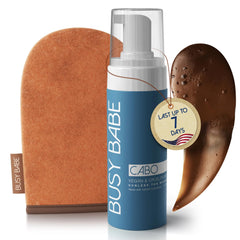 Busy Babe Cabo tanning mousse bottle offers an even bronze glow.