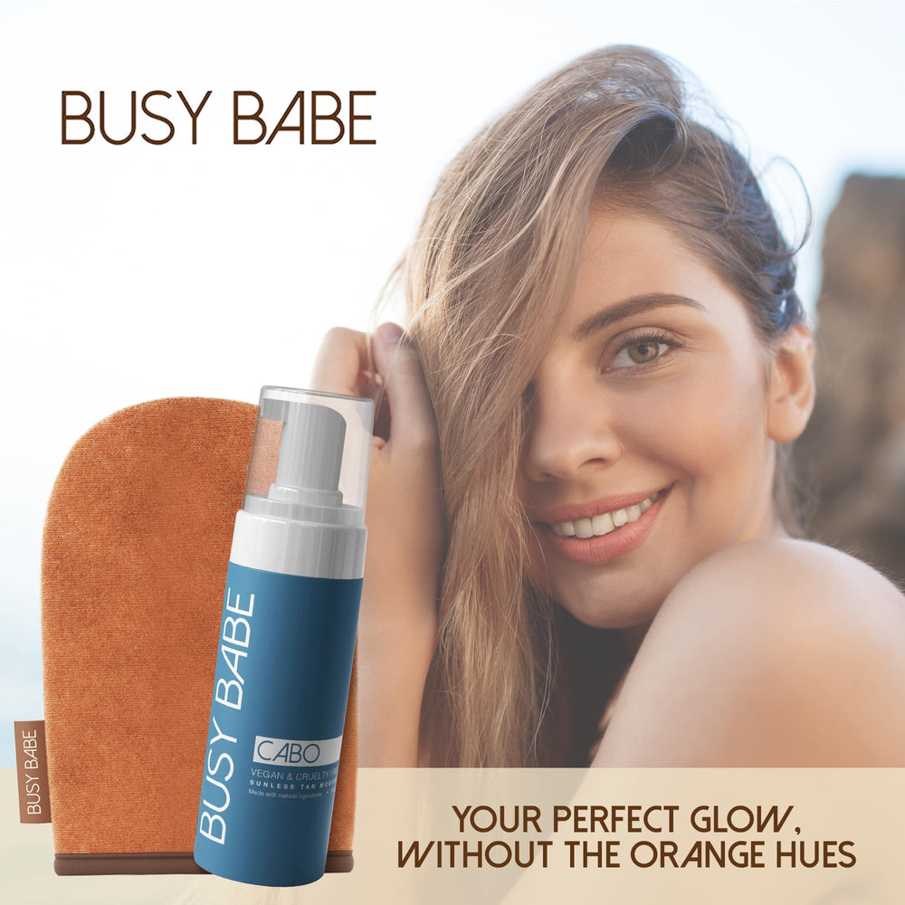 Busy Babe Cabo vanity setup with mousse and mitt.