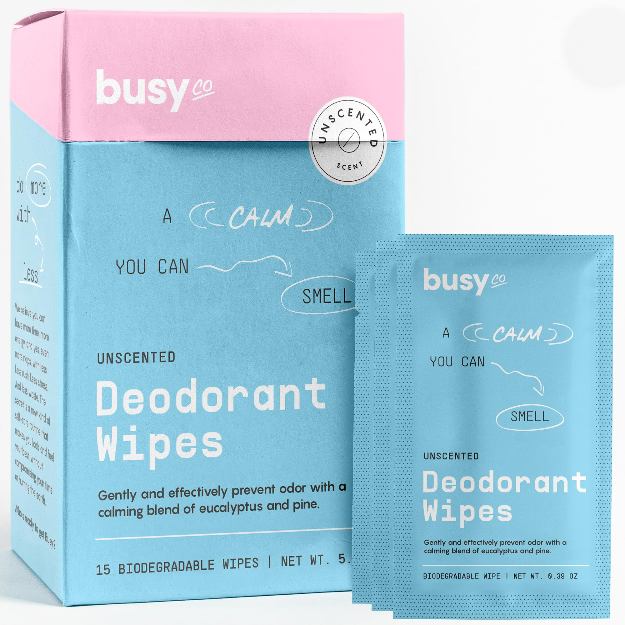BusyCo Calm Line Deodorant Wipes unscented 15ct for gentle daily cleanse.