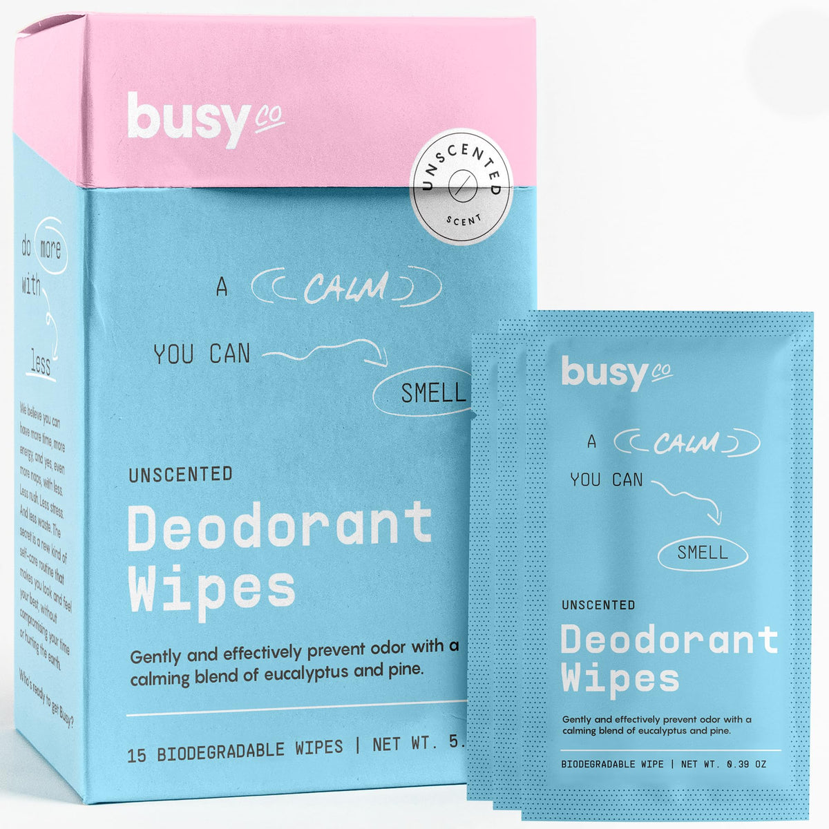 BusyCo Calm Line Deodorant Wipes unscented 15ct for gentle daily cleanse.