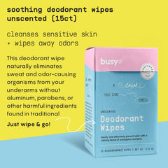 BusyCo Calm Line Deodorant Wipes with zinc and prebiotics for odor control.