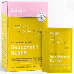 BUSYCO Glow Line Deodorant Wipes lavender-rose packaging highlights sustainability and convenience.