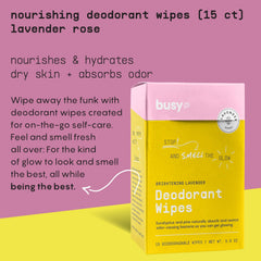 BUSYCO Glow Line Deodorant Wipes lavender-rose packaging design with eco-conscious details.