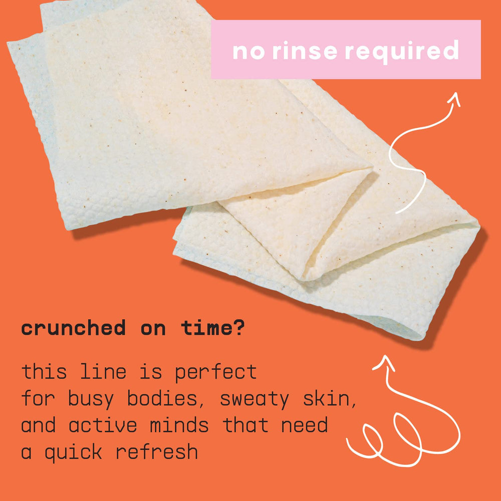 Close-up of BusyCo wipe showing pore-clarifying benefits for clearer-looking skin.