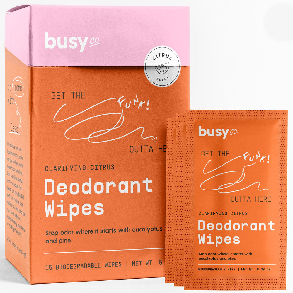 BUSYCO Refresh Line wipe individually wrapped for on-the-go freshness and odor removal.