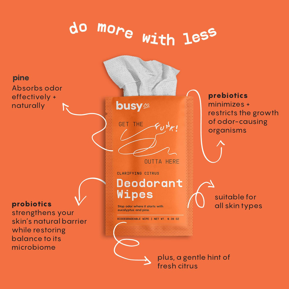 Non-toxic BusyCo wipe using natural ingredients for skin safety.