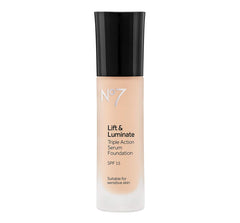 BUTO Boots No7 Lift & Luminate foundation bottle in warm beige with SPF 15 sun protection.