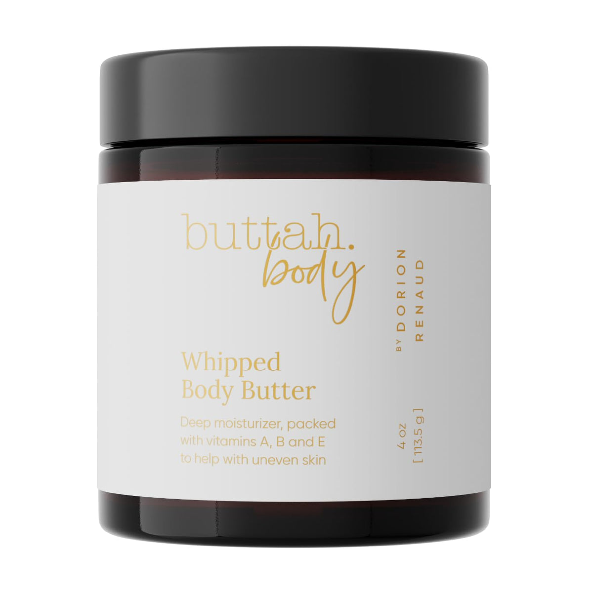 buttah by dorion renaud whipped body butter jar close-up shows creamy texture for smooth, hydrated skin