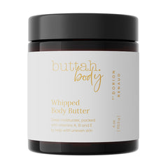 buttah by dorion renaud whipped body butter jar close-up shows creamy texture for smooth, hydrated skin