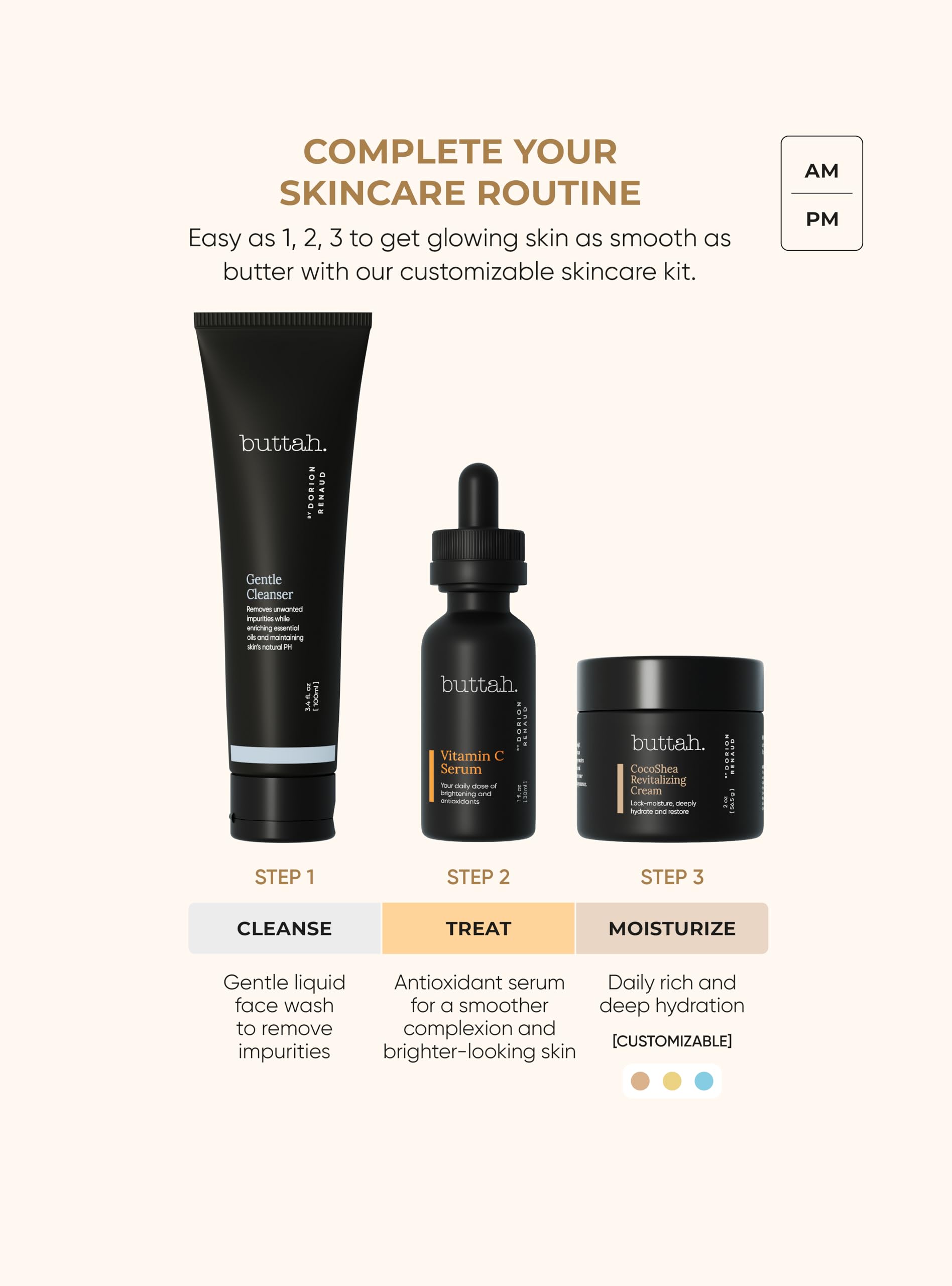 Buttah Skin Transforming Kit packaging featuring all three products for daily melanin-rich skincare.