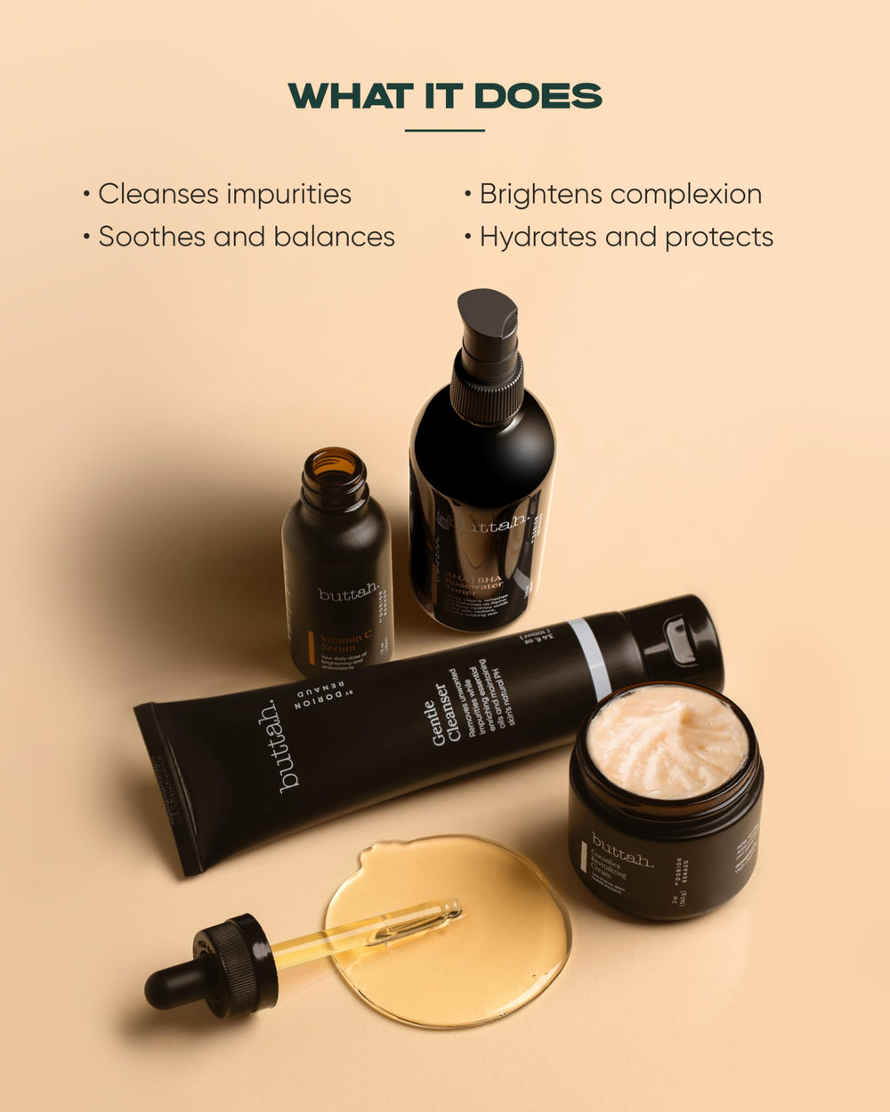 Buttah Vitamin C Serum bottle close-up, supports brightening and even tone.