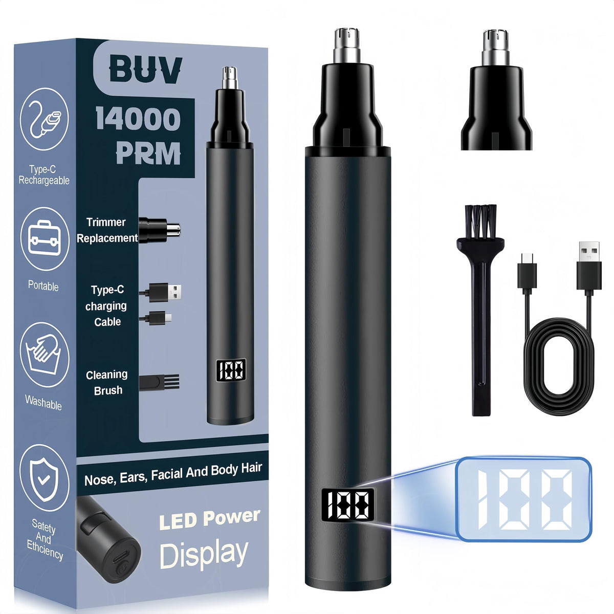 BUV nose hair trimmer with LED display; front view for quick battery check and status