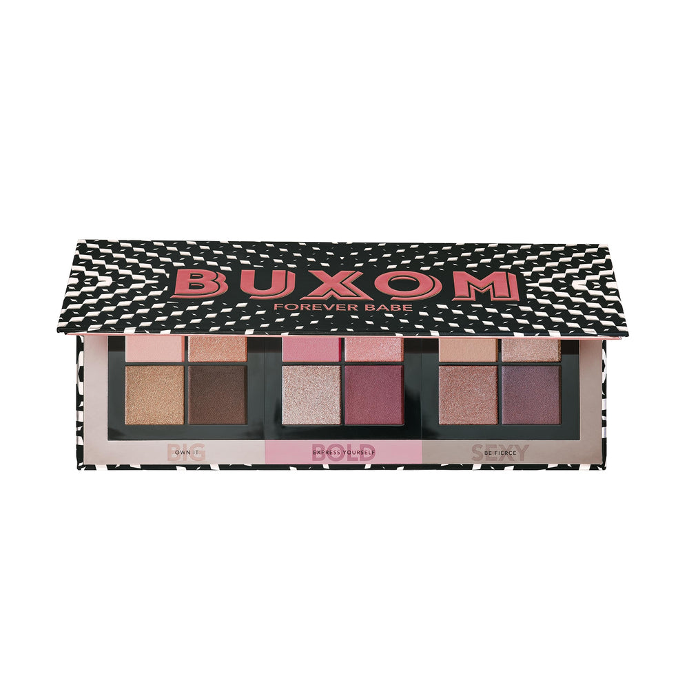 BUXOM Forever Babe palette closeup highlighting rich pigments for versatile eye looks.