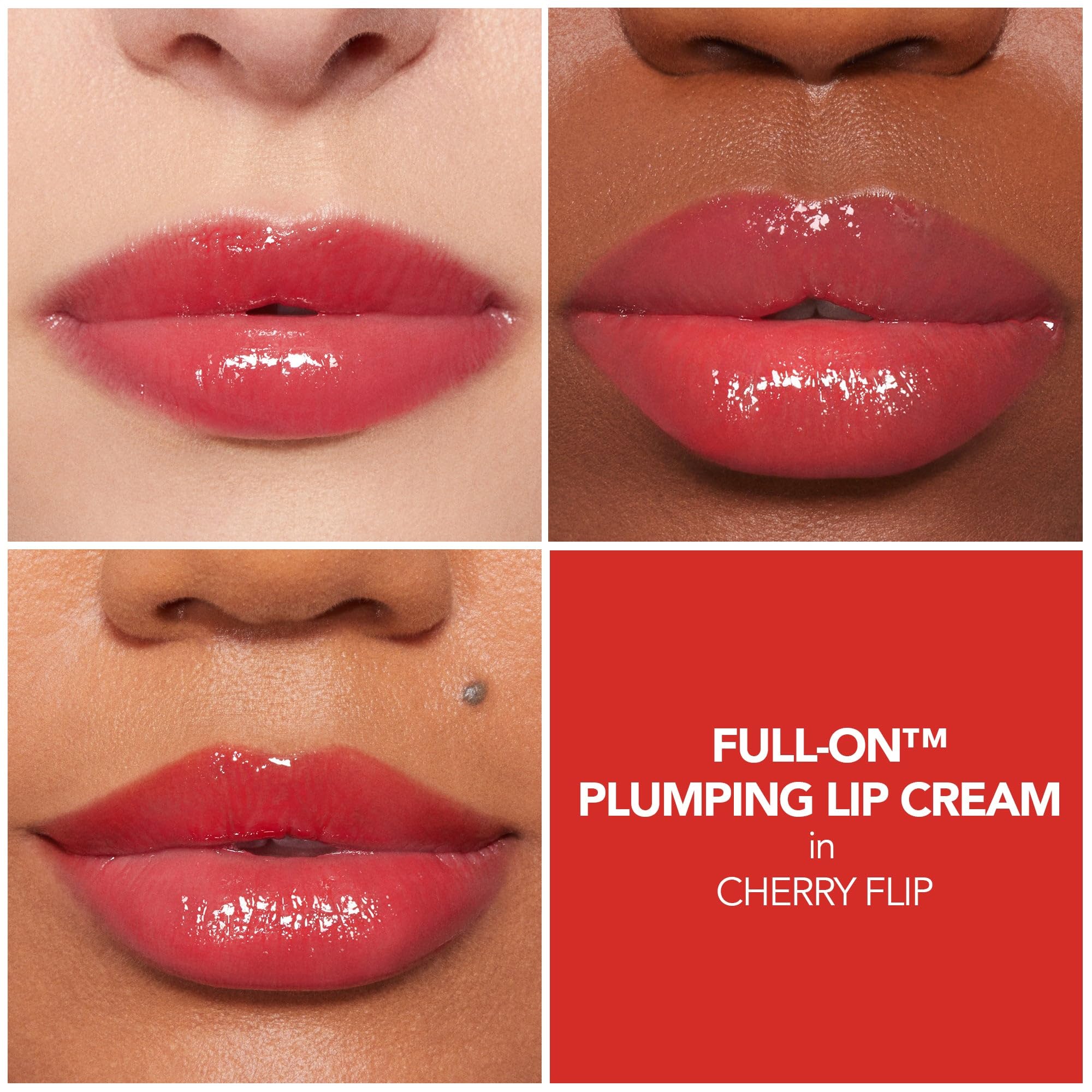 Buxom Cherry Flip swatch shows vibrant, shimmer-free color on skin.