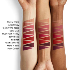 Buxom Full-On Angel Baby on lips delivering cushiony matte look.