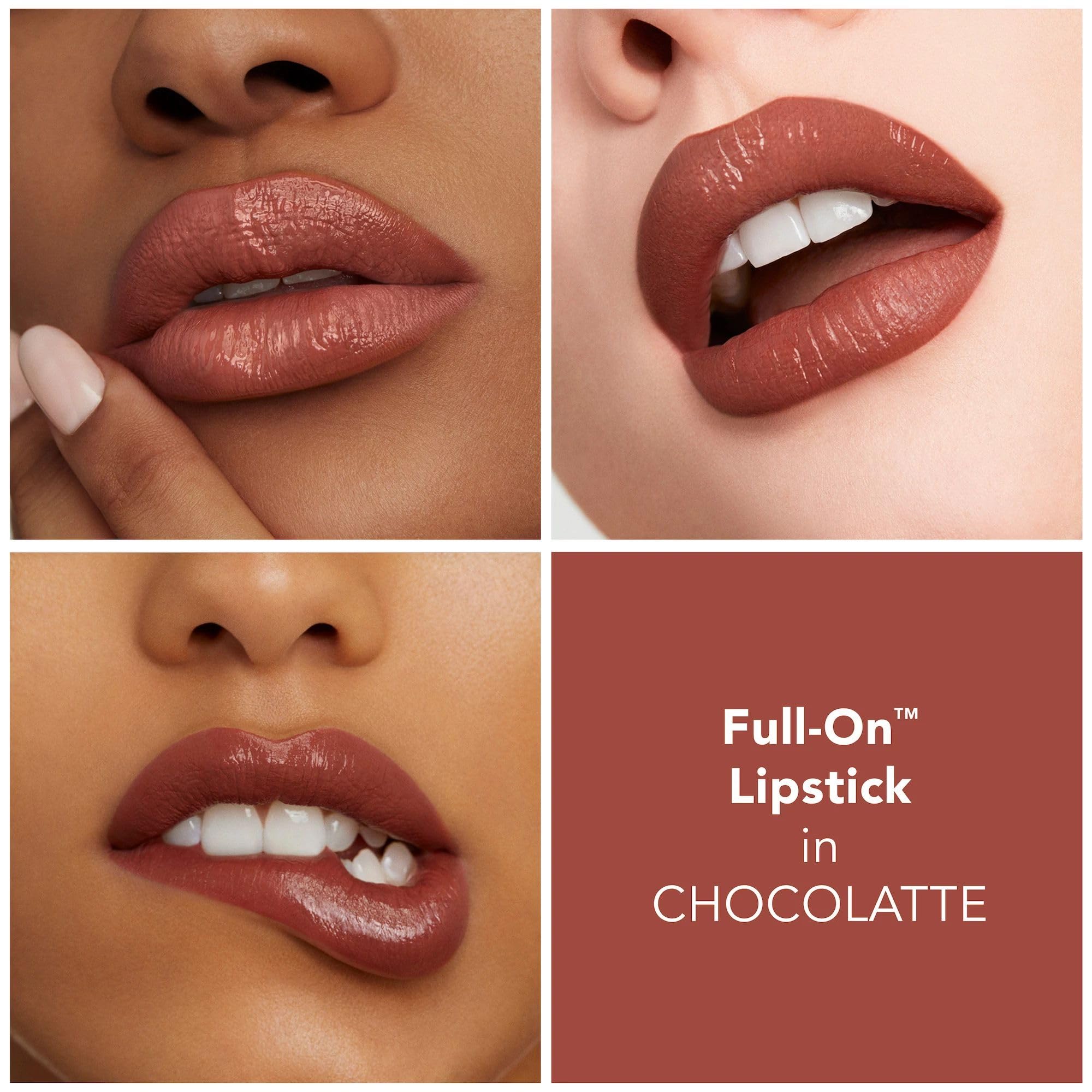Buxom Full-On Lipstick Chocolate swatch on lips shows rich pigment in one swipe