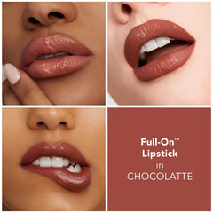 Buxom Full-On Lipstick Chocolate swatch on lips shows rich pigment in one swipe