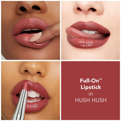 Lips wearing Hush Hush showing pigment-rich creamy finish